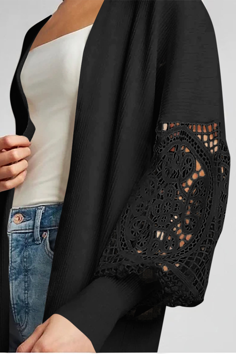 Black Crochet Lace Sleeve Ribbed Knit Cardigan - Premium Tops from Momma Done Gone Crafty- Just $50.40! Shop now at Momma Done Gone Crafty