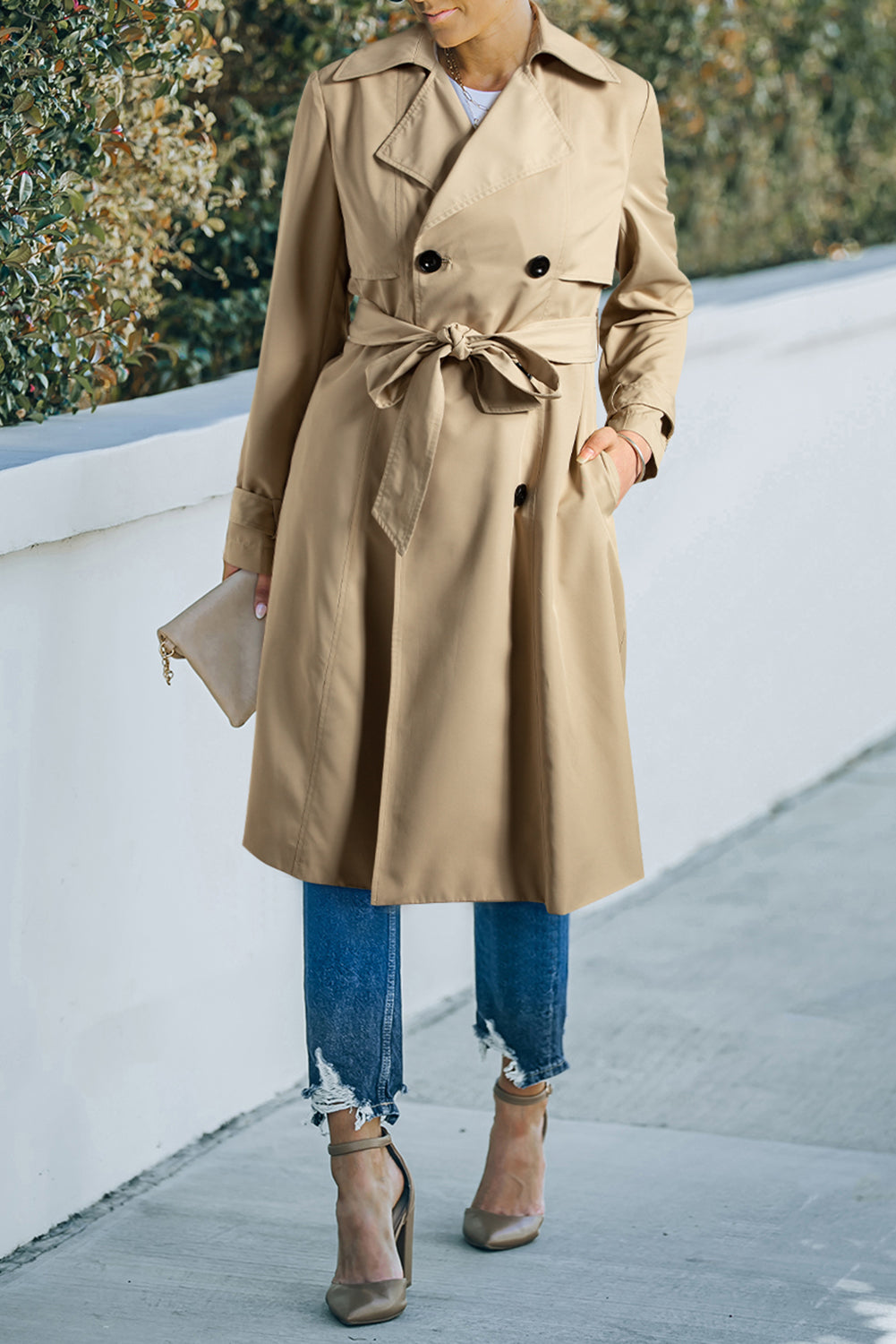 Pale Khaki Solid Color Lapel Collar Waist Tie Wind Coat - Premium Outerwear/Coats from Momma Done Gone Crafty- Just $96.99! Shop now at Momma Done Gone Crafty
