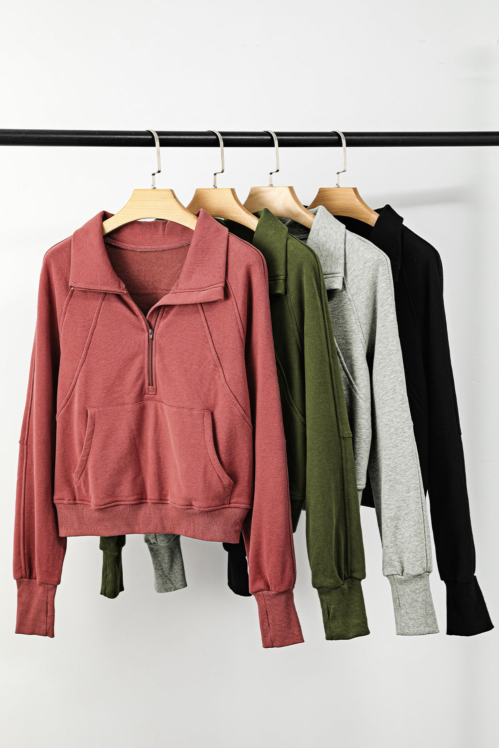 Brown Zip Up Stand Collar Ribbed Thumbhole Sleeve Sweatshirt - Premium Tops from Momma Done Gone Crafty- Just $45.99! Shop now at Momma Done Gone Crafty