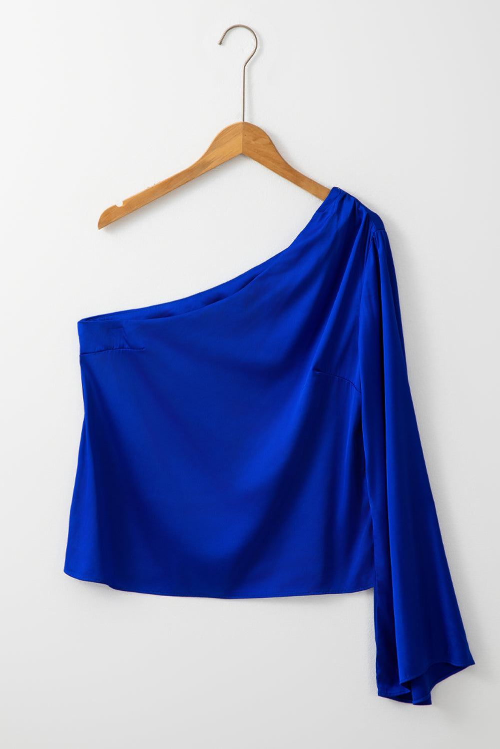 Dark Blue Asymmetric One Shoulder Bell Sleeve Satin Blouse - Premium Tops/Blouses & Shirts from Momma Done Gone Crafty- Just $14.10! Shop now at Momma Done Gone Crafty