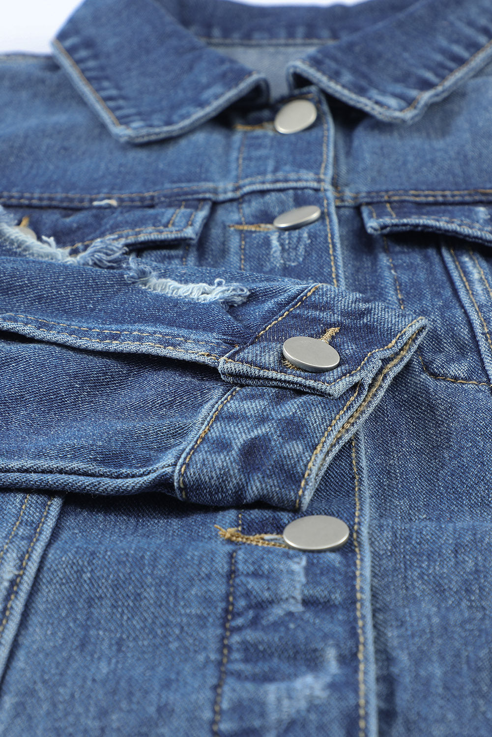 Blue Lapel Distressed Raw Hem Buttons Denim Jacket - Premium Outerwear from Momma Done Gone Crafty- Just $65.99! Shop now at Momma Done Gone Crafty