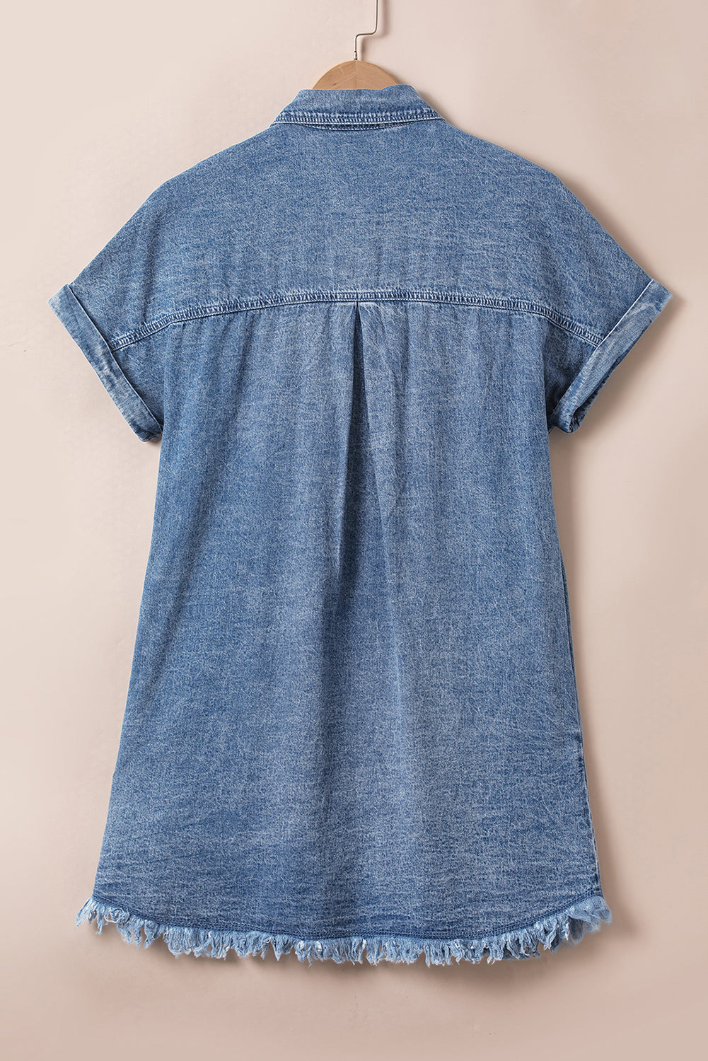 Blue Mineral Wash Cuffed Sleeve Frayed Hem Denim Dress - Premium Dresses/Mini Dresses from Momma Done Gone Crafty- Just $55! Shop now at Momma Done Gone Crafty