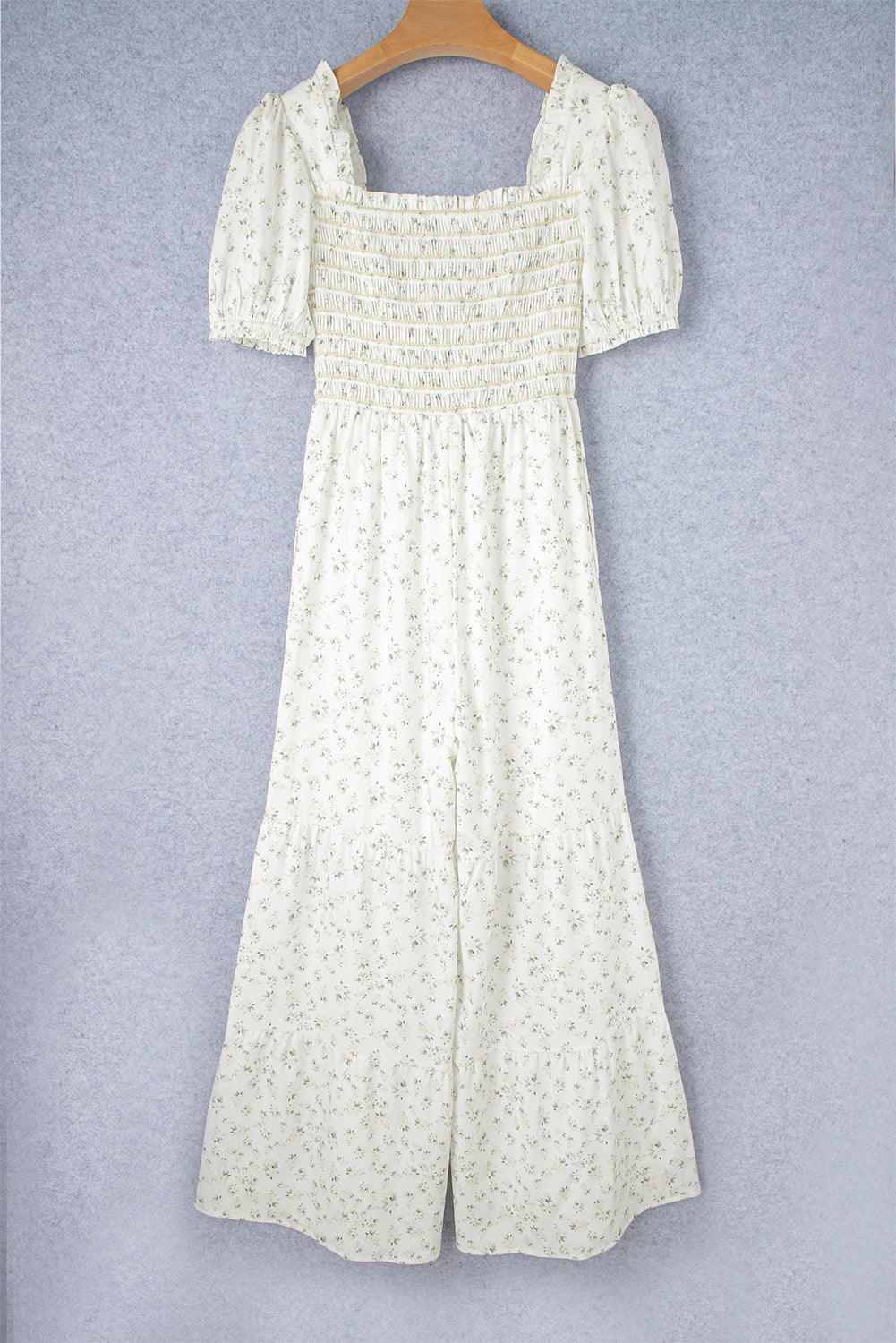 White Boho Floral Smocked Wide Leg Short Puff Sleeve Jumpsuit - Premium Bottoms/Jumpsuits & Rompers from Ashes 2 Wildflowers Boutique, LLC- Just $65.99! Shop now at Ashes 2 Wildflowers Boutique, LLC