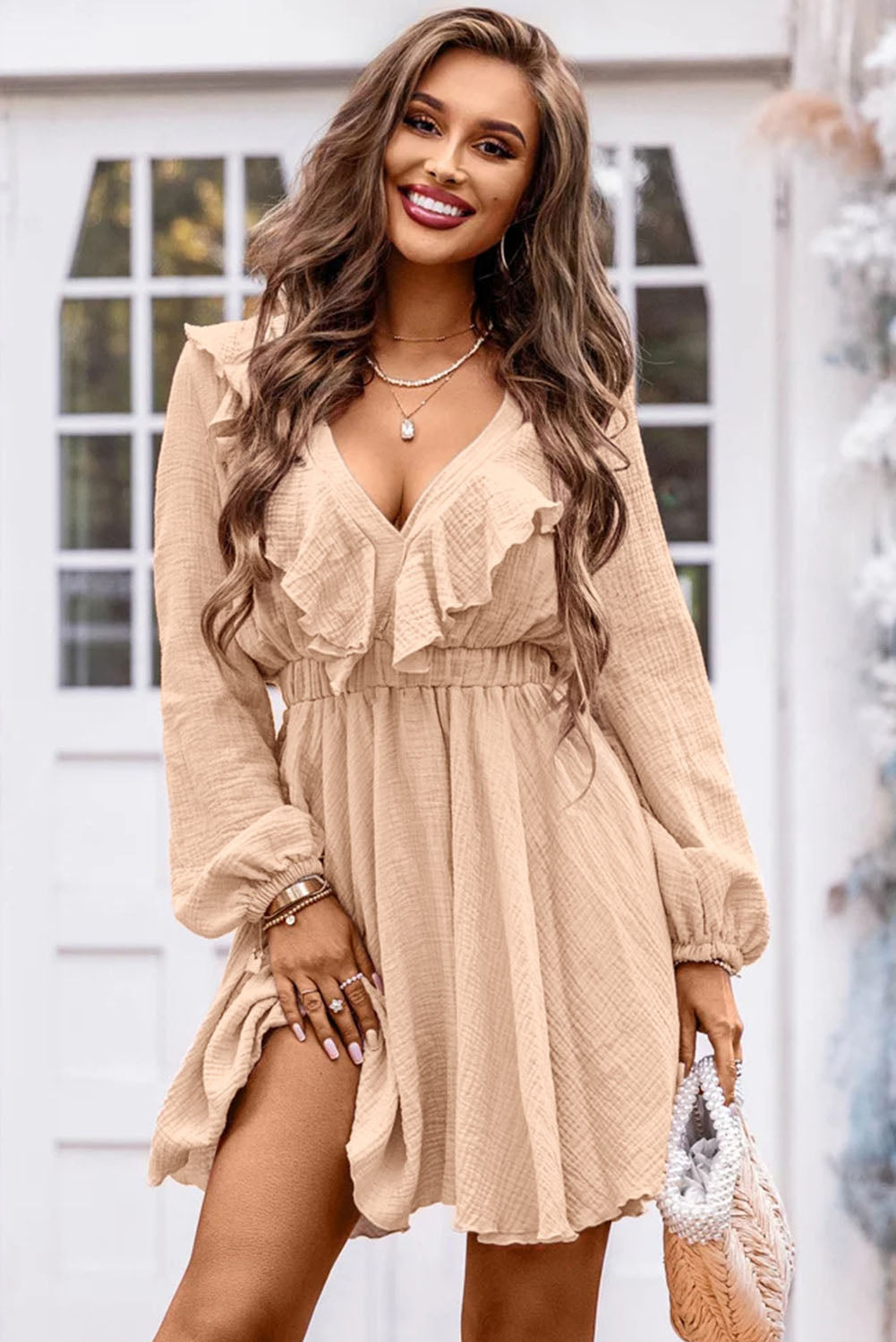 Khaki Textured Ruffled V Neck High Waist Mini Dress - Premium Dresses from Momma Done Gone Crafty- Just $63.60! Shop now at Momma Done Gone Crafty