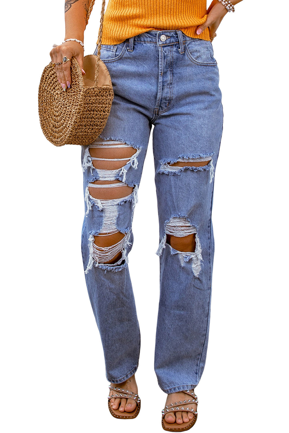 Sky Blue Heavy Destroyed Big Hole Boyfriend Jeans - Premium Bottoms from Momma Done Gone Crafty- Just $55.99! Shop now at Momma Done Gone Crafty