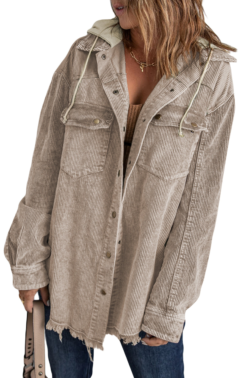 Khaki Patchwork Hooded Corduroy Shacket - Premium Outerwear from Momma Done Gone Crafty- Just $53.94! Shop now at Momma Done Gone Crafty