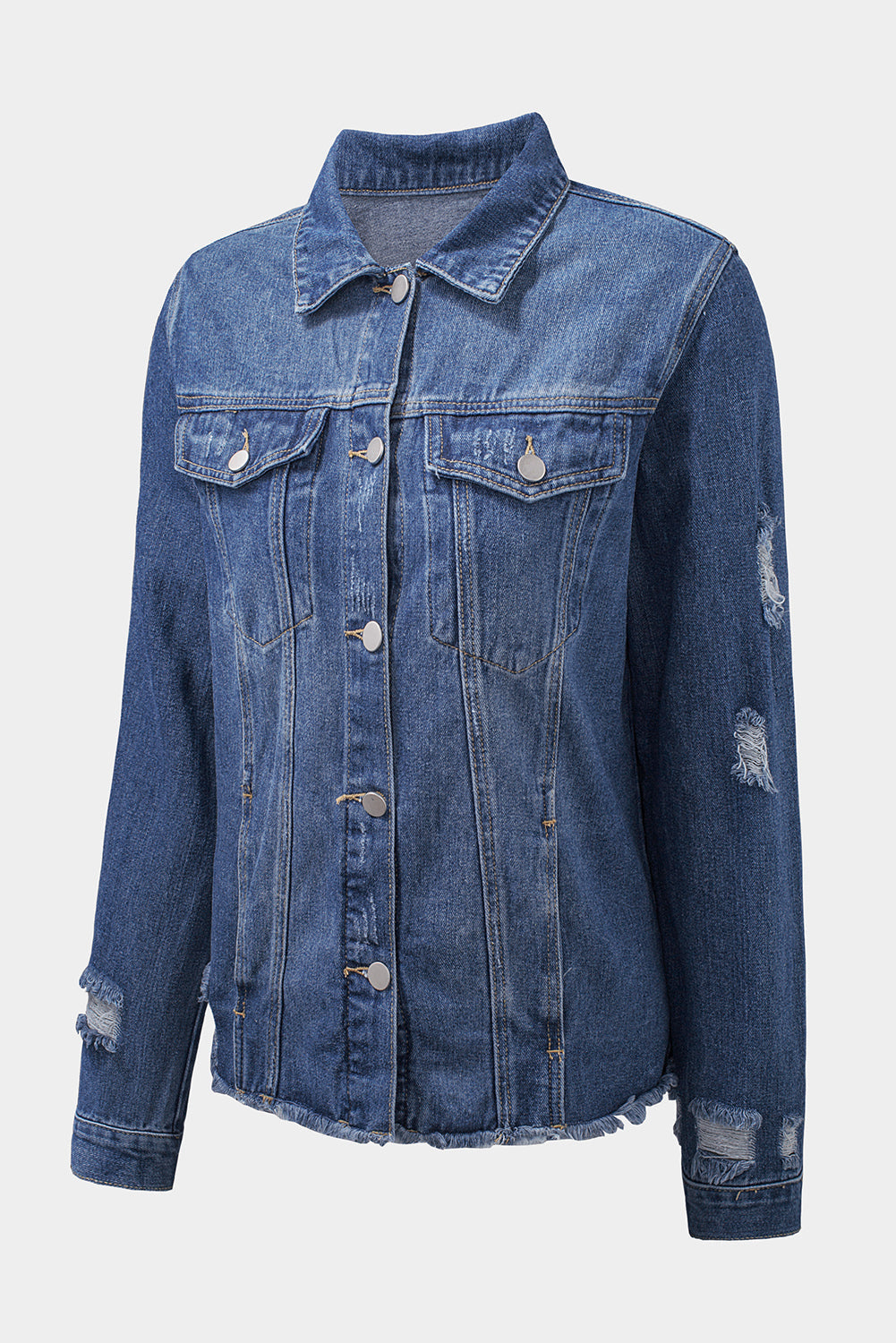 Blue Lapel Distressed Raw Hem Buttons Denim Jacket - Premium Outerwear from Momma Done Gone Crafty- Just $65.99! Shop now at Momma Done Gone Crafty