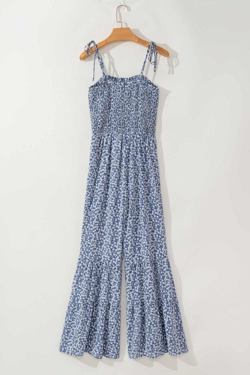 Dusk Blue Thin Straps Smocked Bodice Wide Leg Floral Jumpsuit - Premium Bottoms/Jumpsuits & Rompers from Momma Done Gone Crafty- Just $32.13! Shop now at Momma Done Gone Crafty