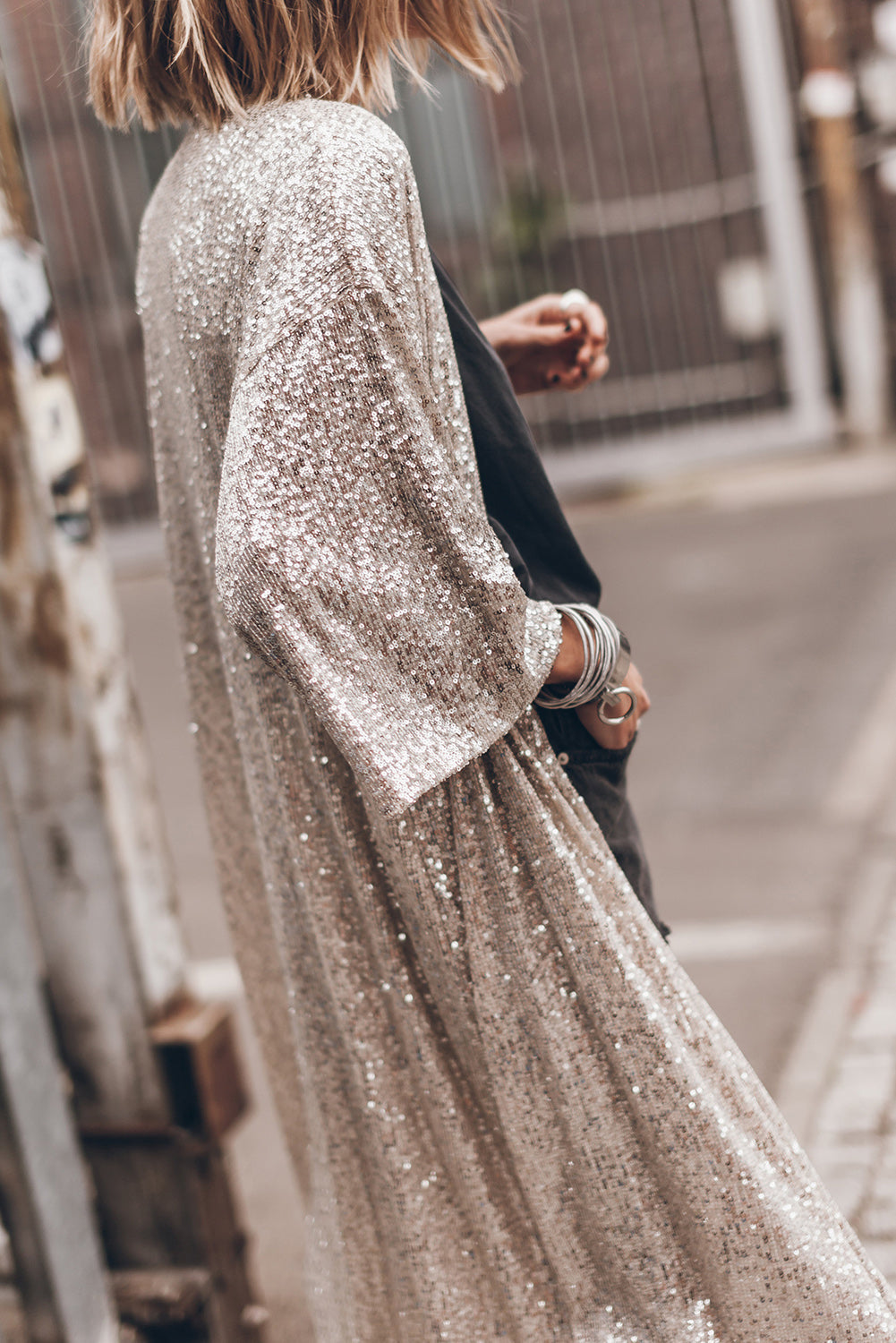 Apricot Sequin 3/4 Sleeve Open Front Duster Kimono - Premium Outerwear from Momma Done Gone Crafty- Just $60.99! Shop now at Momma Done Gone Crafty