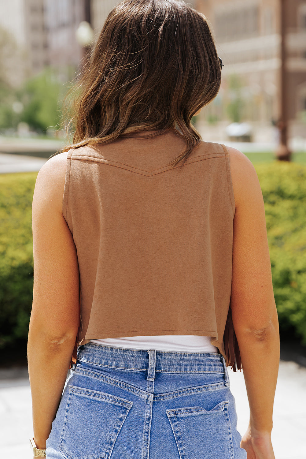 Camel Fringed Snap Button Front Suedette Vest - Premium Outerwear/Jackets from Momma Done Gone Crafty- Just $18.84! Shop now at Momma Done Gone Crafty