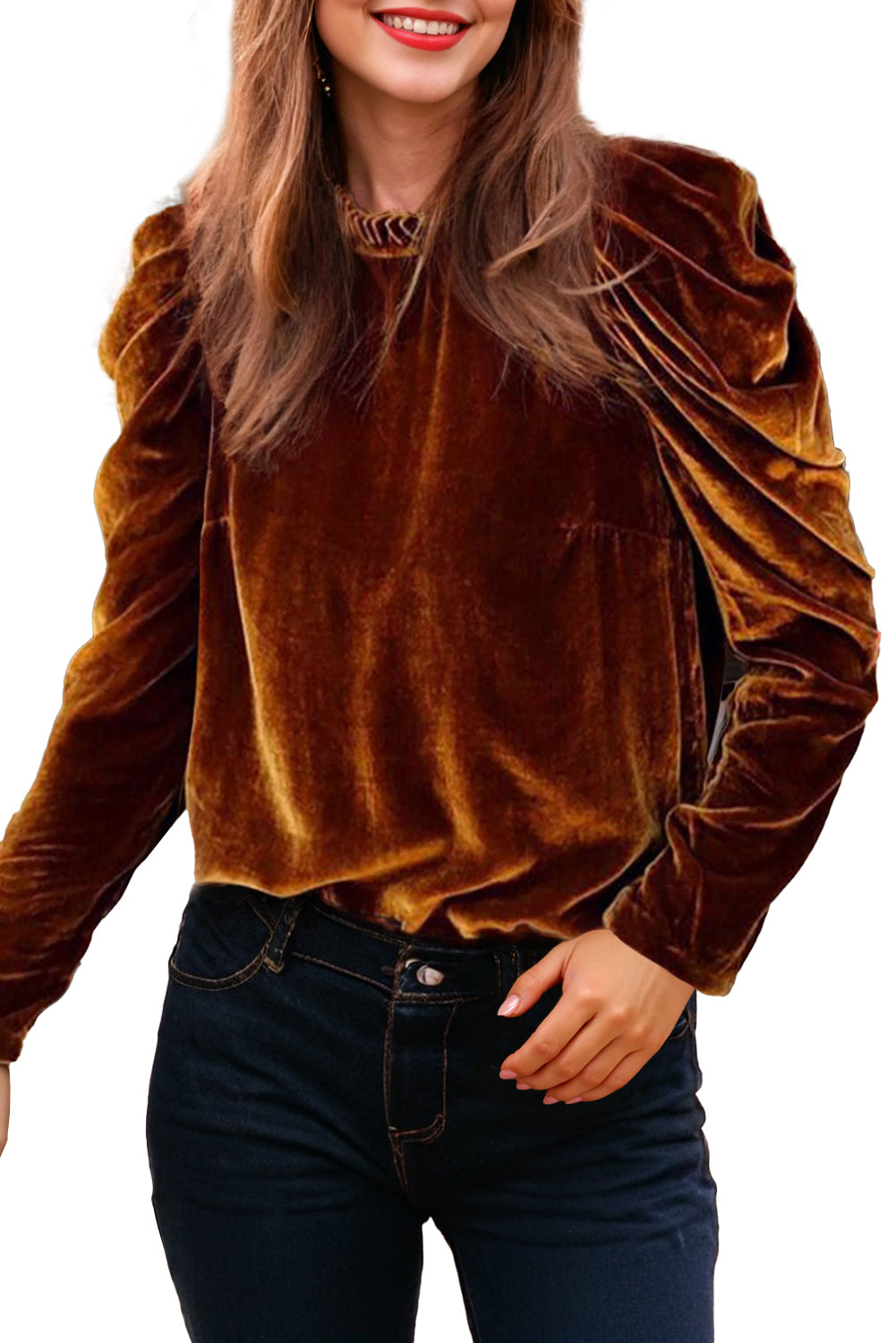 Chestnut Frilled Collar Puff Sleeve Velvet Top - Premium Tops from Momma Done Gone Crafty- Just $25.99! Shop now at Momma Done Gone Crafty