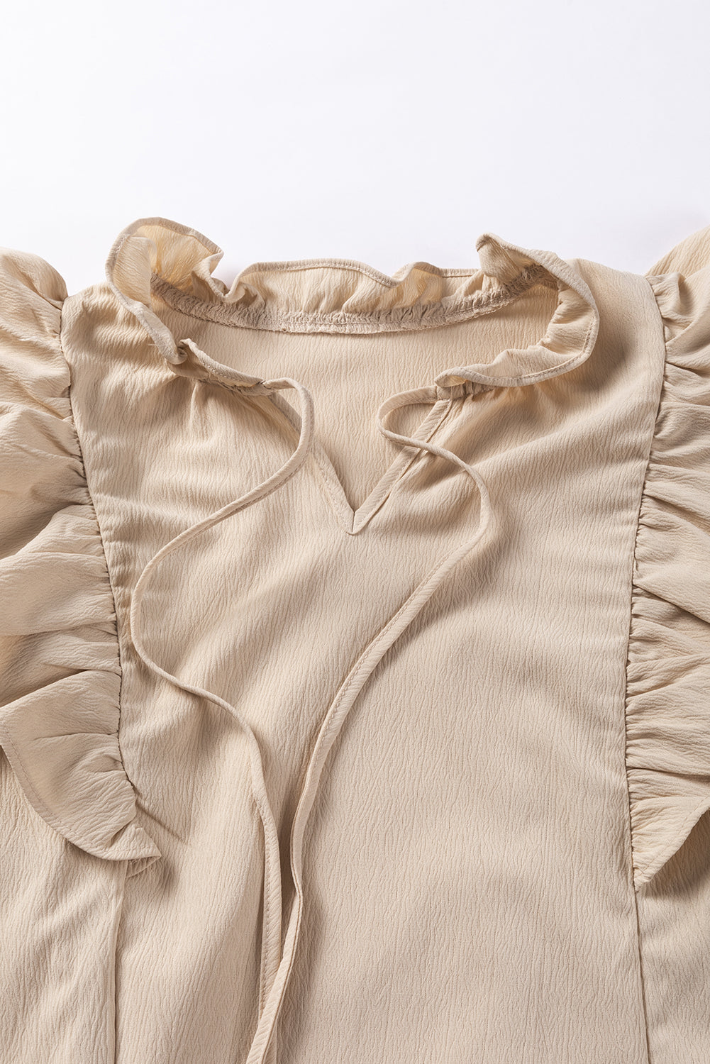 Khaki Ruffled Lace up Bubble Sleeve Blouse - Premium Tops from Momma Done Gone Crafty- Just $45.18! Shop now at Momma Done Gone Crafty