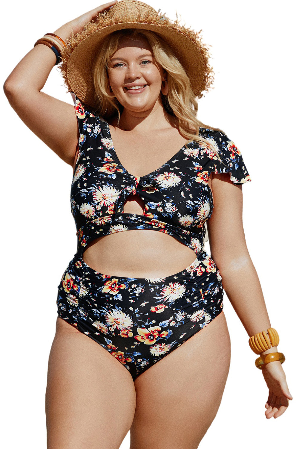 Blue Plus Size Flutter Cap Sleeve Floral High Waist Bikini - Premium Plus Size from Momma Done Gone Crafty- Just $20.00! Shop now at Momma Done Gone Crafty