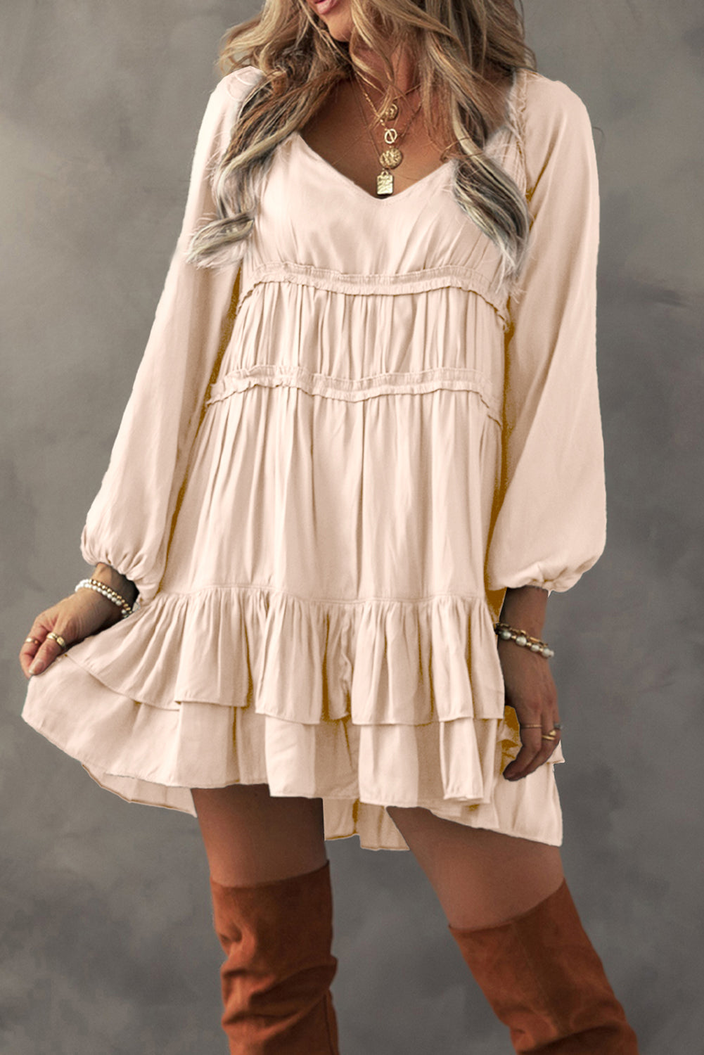 Apricot Tiered Ruffled Puff Sleeve Loose Fit Mini Dress - Premium Dresses/Mini Dresses from Momma Done Gone Crafty- Just $68.99! Shop now at Momma Done Gone Crafty