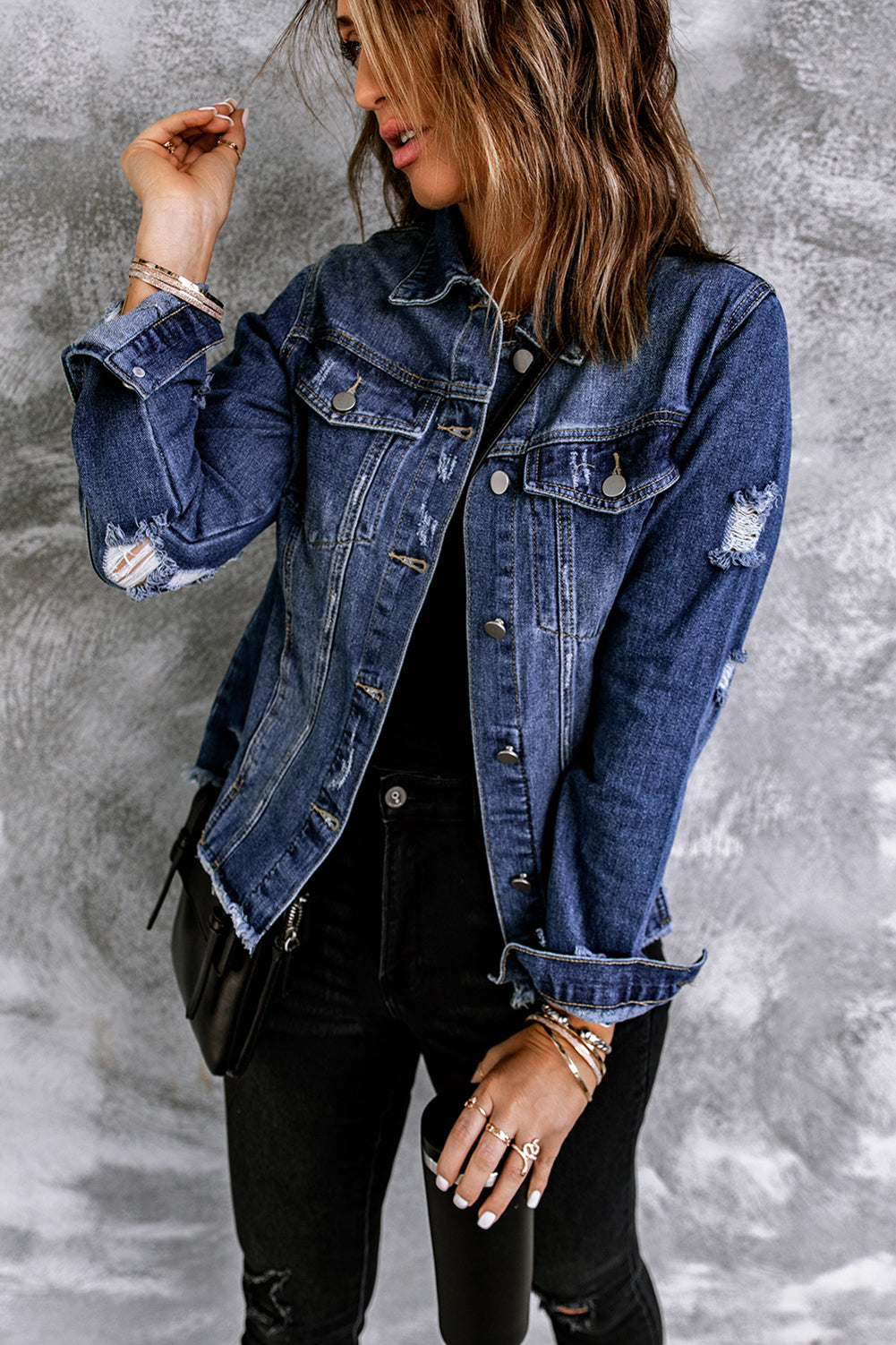 Blue Lapel Distressed Raw Hem Buttons Denim Jacket - Premium Outerwear from Momma Done Gone Crafty- Just $65.99! Shop now at Momma Done Gone Crafty