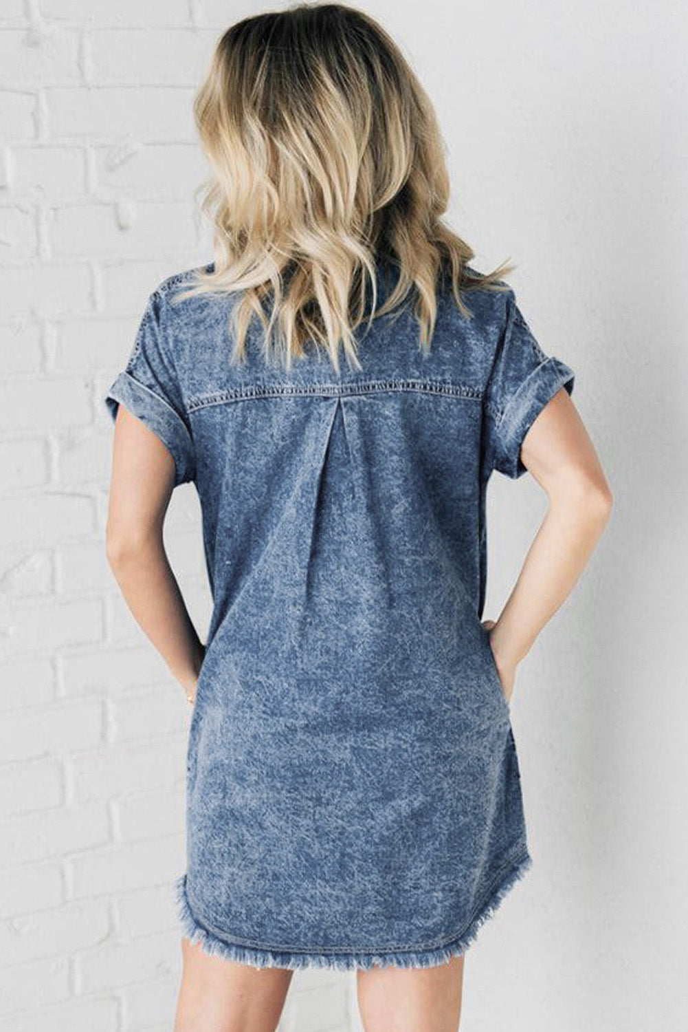 Blue Mineral Wash Cuffed Sleeve Frayed Hem Denim Dress - Premium Dresses/Mini Dresses from Momma Done Gone Crafty- Just $55! Shop now at Momma Done Gone Crafty