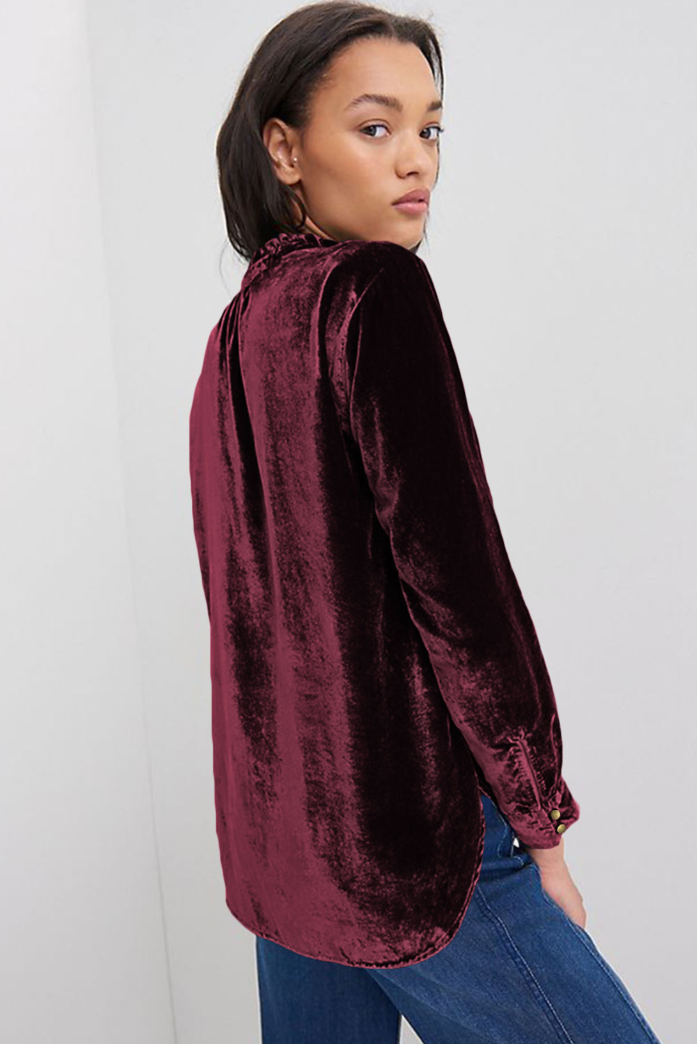 Biking Red Frilled Neck Buttoned Front Velvet Top - Premium Tops from Momma Done Gone Crafty- Just $40.11! Shop now at Momma Done Gone Crafty
