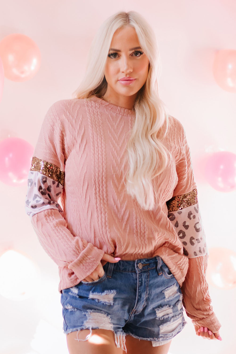 Pink Leopard Sequin Splicing Sleeves Textured Knit Top - Premium Tops from Momma Done Gone Crafty- Just $36.90! Shop now at Momma Done Gone Crafty