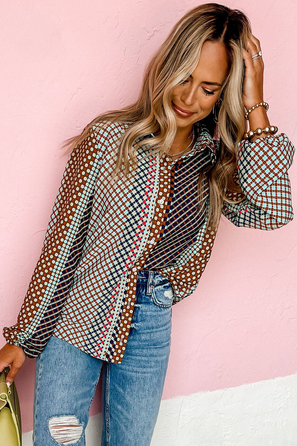 Brown Dot Print Long Sleeve Button Down Shift Shirt - Premium Tops from Momma Done Gone Crafty- Just $22.50! Shop now at Momma Done Gone Crafty
