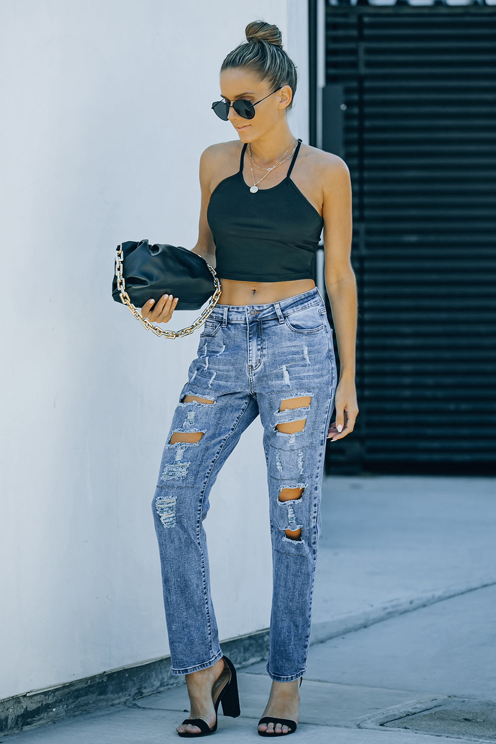 Sky Blue Buttoned Pockets Distressed Jeans - Premium Bottoms from Momma Done Gone Crafty- Just $38.99! Shop now at Momma Done Gone Crafty