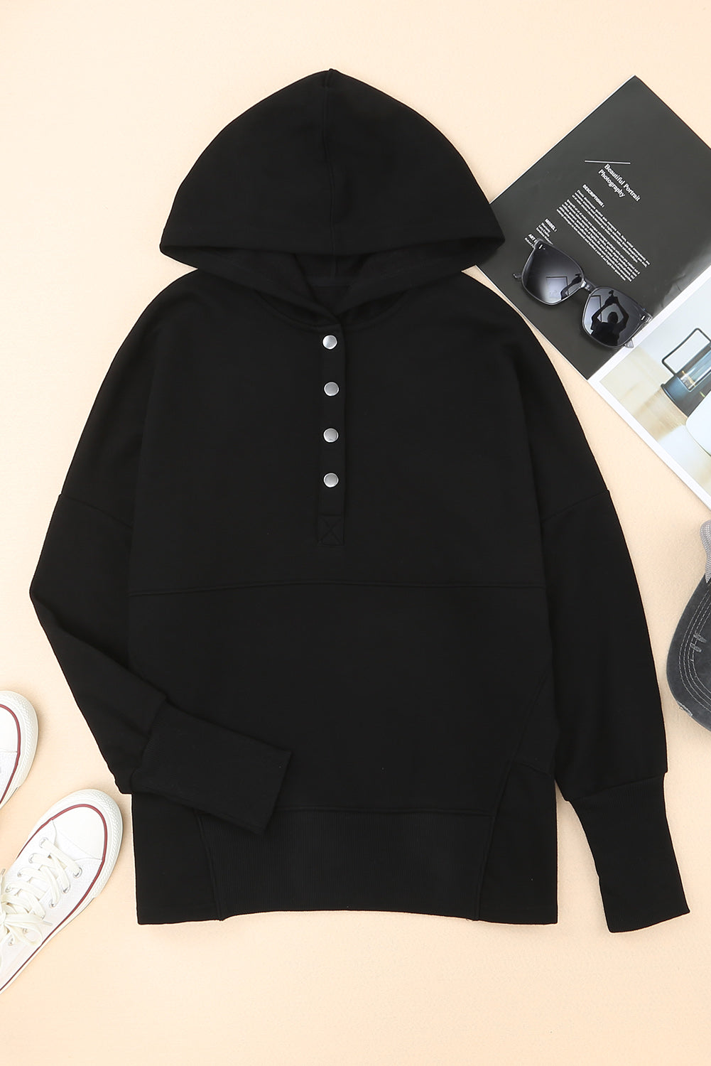 Black Batwing Sleeve Pocketed Henley Hoodie - Premium Tops from Momma Done Gone Crafty- Just $38.40! Shop now at Momma Done Gone Crafty