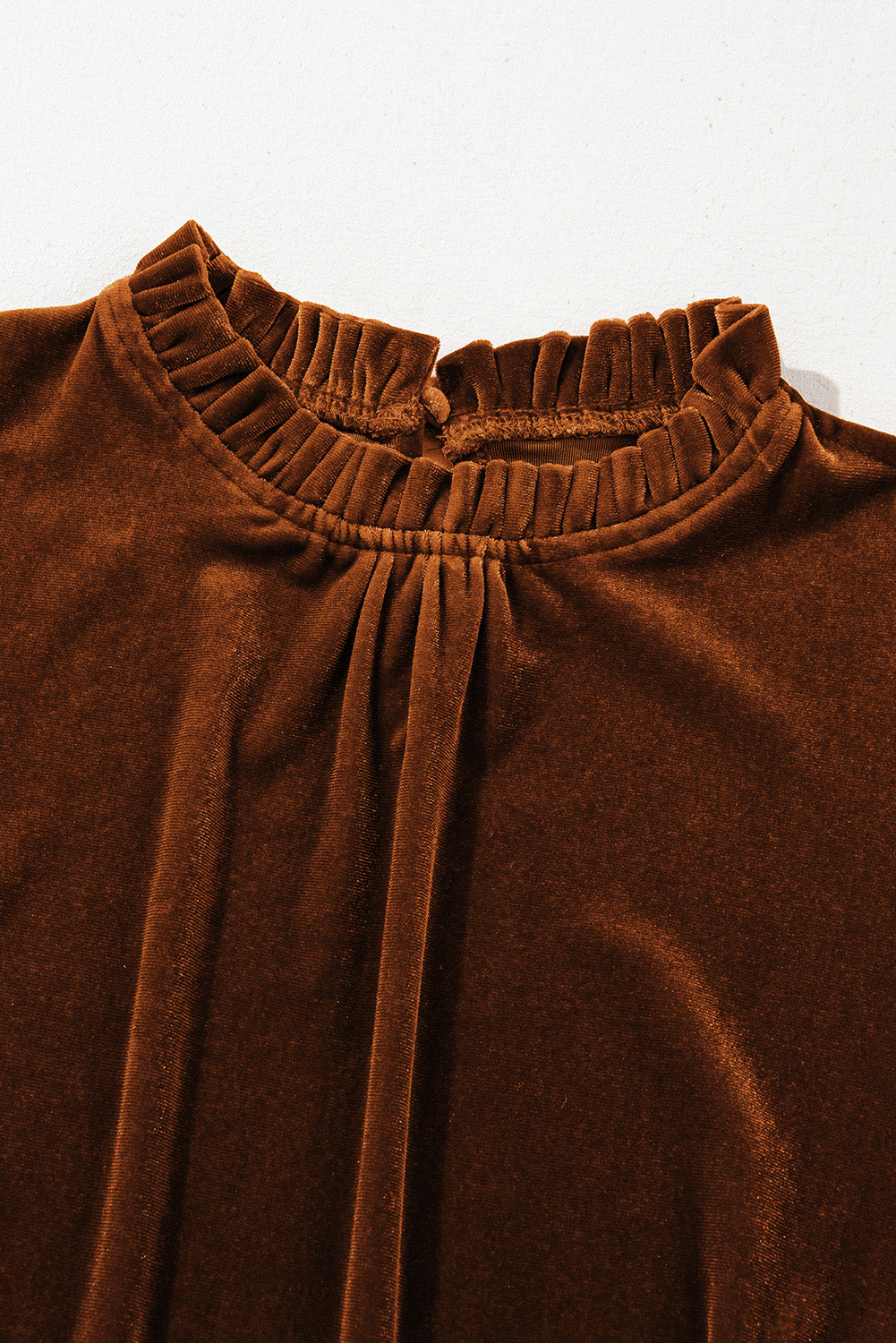 Chestnut Frilled Collar Puff Sleeve Velvet Top - Premium Tops from Momma Done Gone Crafty- Just $25.99! Shop now at Momma Done Gone Crafty