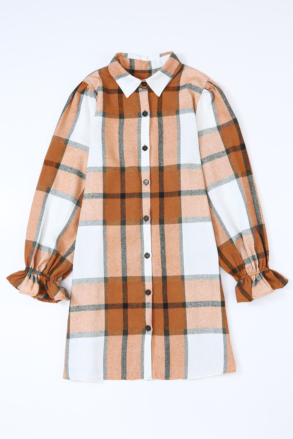 Khaki Plaid Pattern Collared Neck Ruffled Sleeve Shirt Dress - Premium Dresses from Momma Done Gone Crafty- Just $23.70! Shop now at Momma Done Gone Crafty
