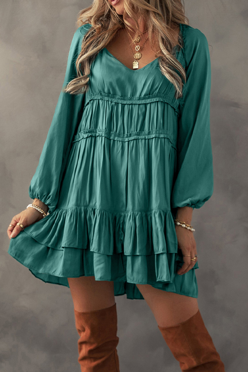 Mist Green Tiered Ruffled Puff Sleeve Loose Fit Mini Dress - Premium Dresses/Mini Dresses from Ashes 2 Wildflowers Boutique, LLC- Just $69.99! Shop now at Ashes 2 Wildflowers Boutique, LLC