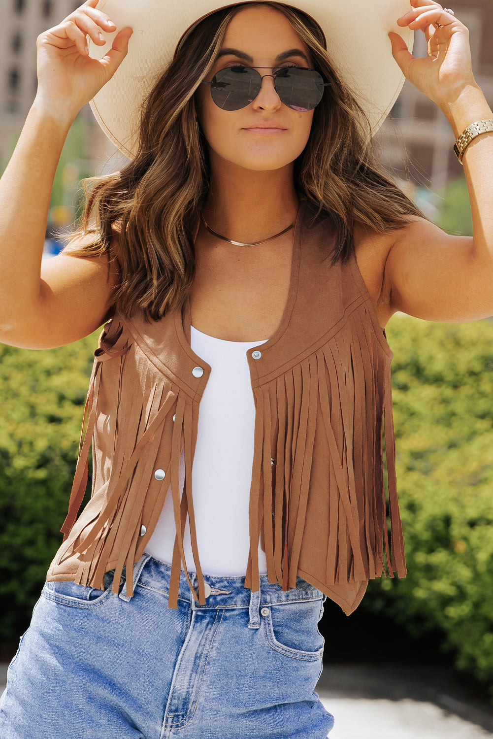 Camel Fringed Snap Button Front Suedette Vest - Premium Outerwear/Jackets from Momma Done Gone Crafty- Just $18.84! Shop now at Momma Done Gone Crafty