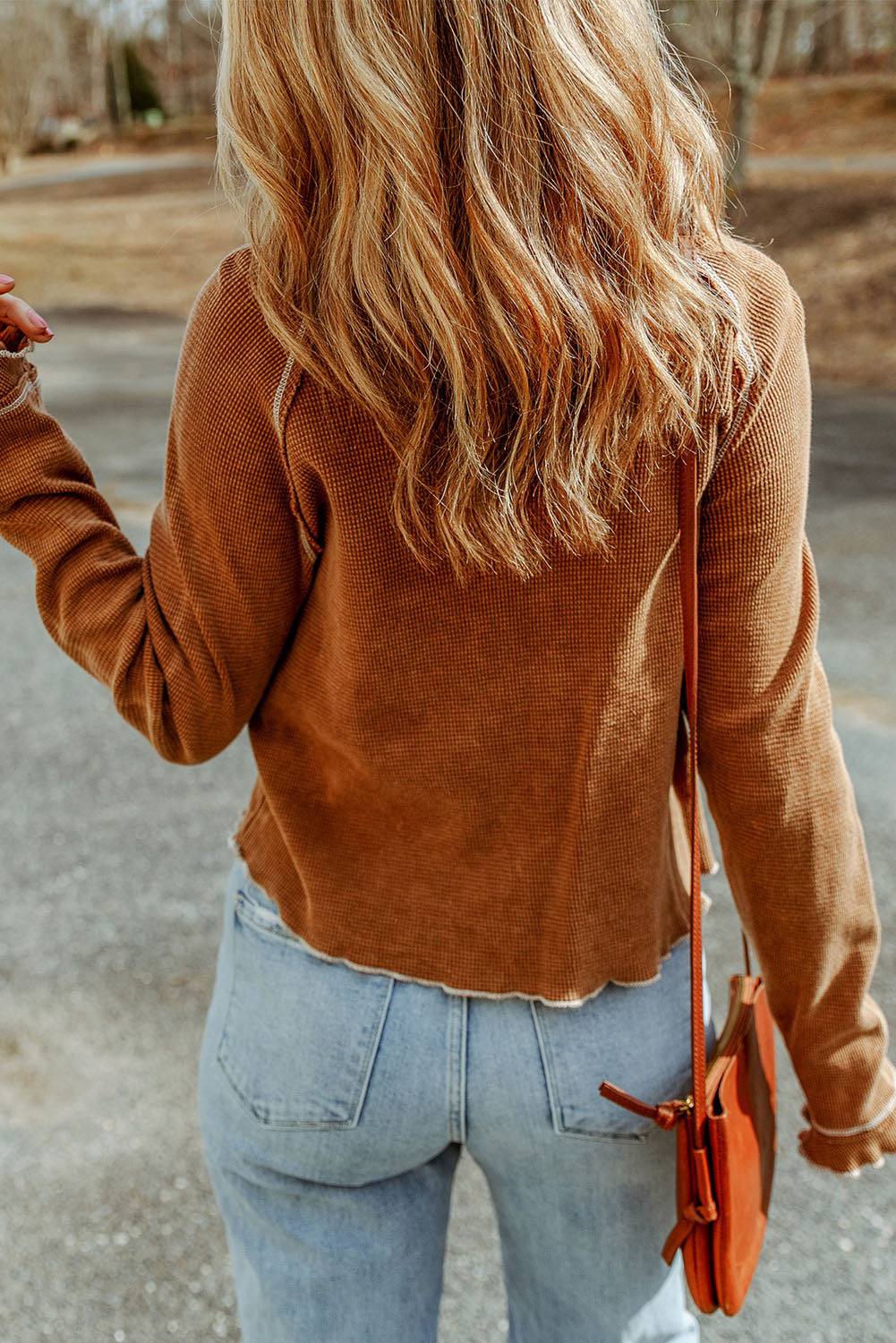 Brown Textured Round Neck Long Sleeve Top - Premium Tops from Momma Done Gone Crafty- Just $23! Shop now at Momma Done Gone Crafty