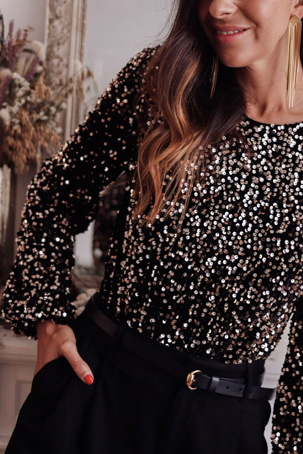 Black Deep V Back Sequin Puff Sleeve Bodysuit - Premium Tops/Bodysuits from Momma Done Gone Crafty- Just $35.85! Shop now at Momma Done Gone Crafty