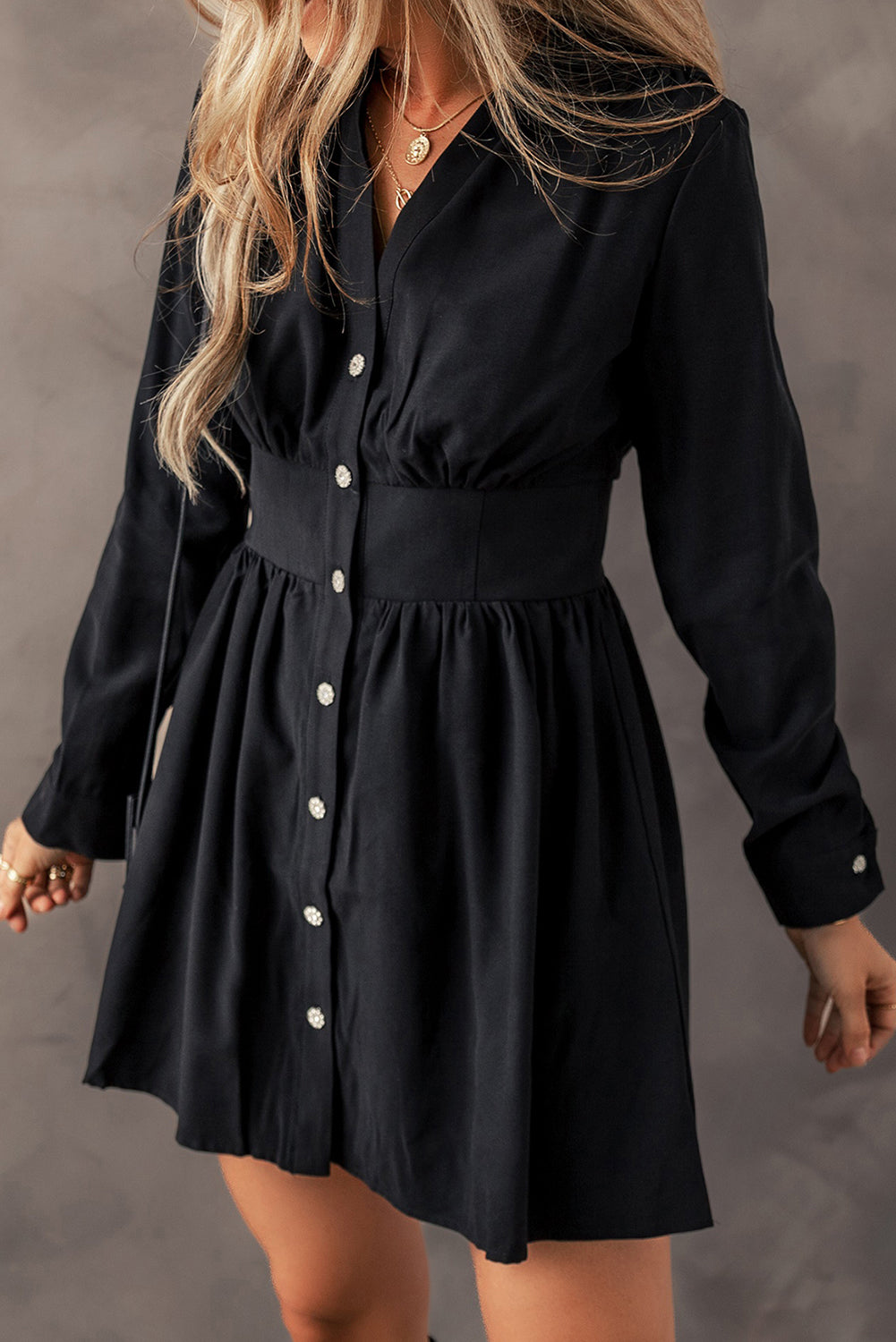 Black Elastic Cinched High Waist Long Sleeve Shirt Mini Dress - Premium Dresses/Mini Dresses from Momma Done Gone Crafty- Just $49.05! Shop now at Momma Done Gone Crafty