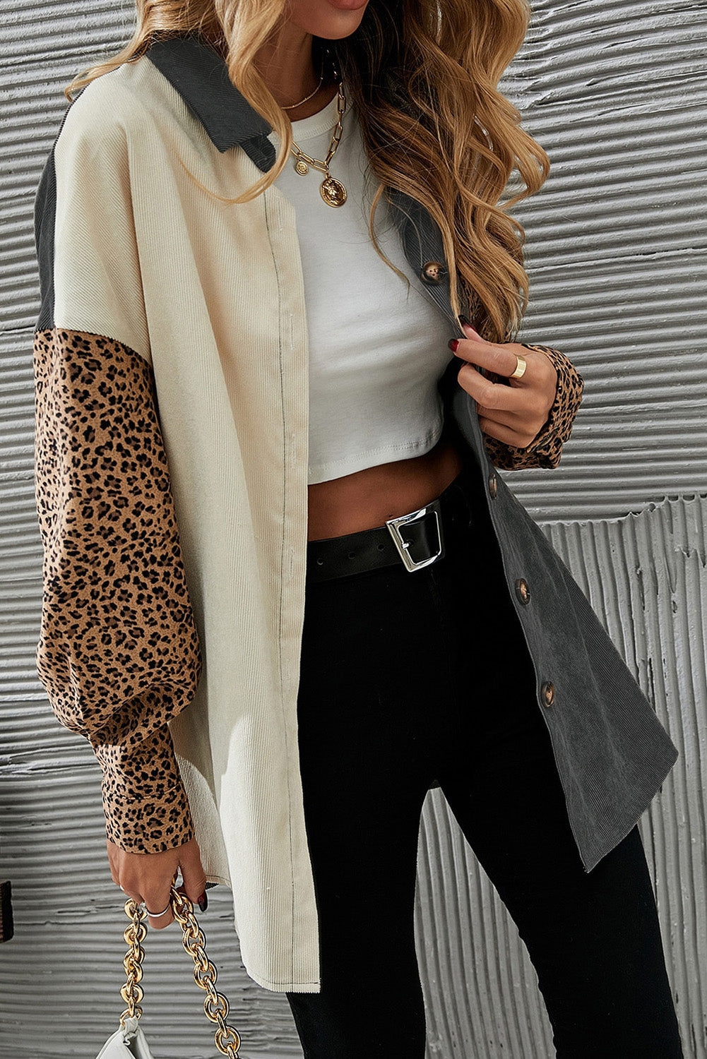 Gray Color Block Leopard Patched Corduroy Shacket - Premium Outerwear from Momma Done Gone Crafty- Just $32.99! Shop now at Momma Done Gone Crafty