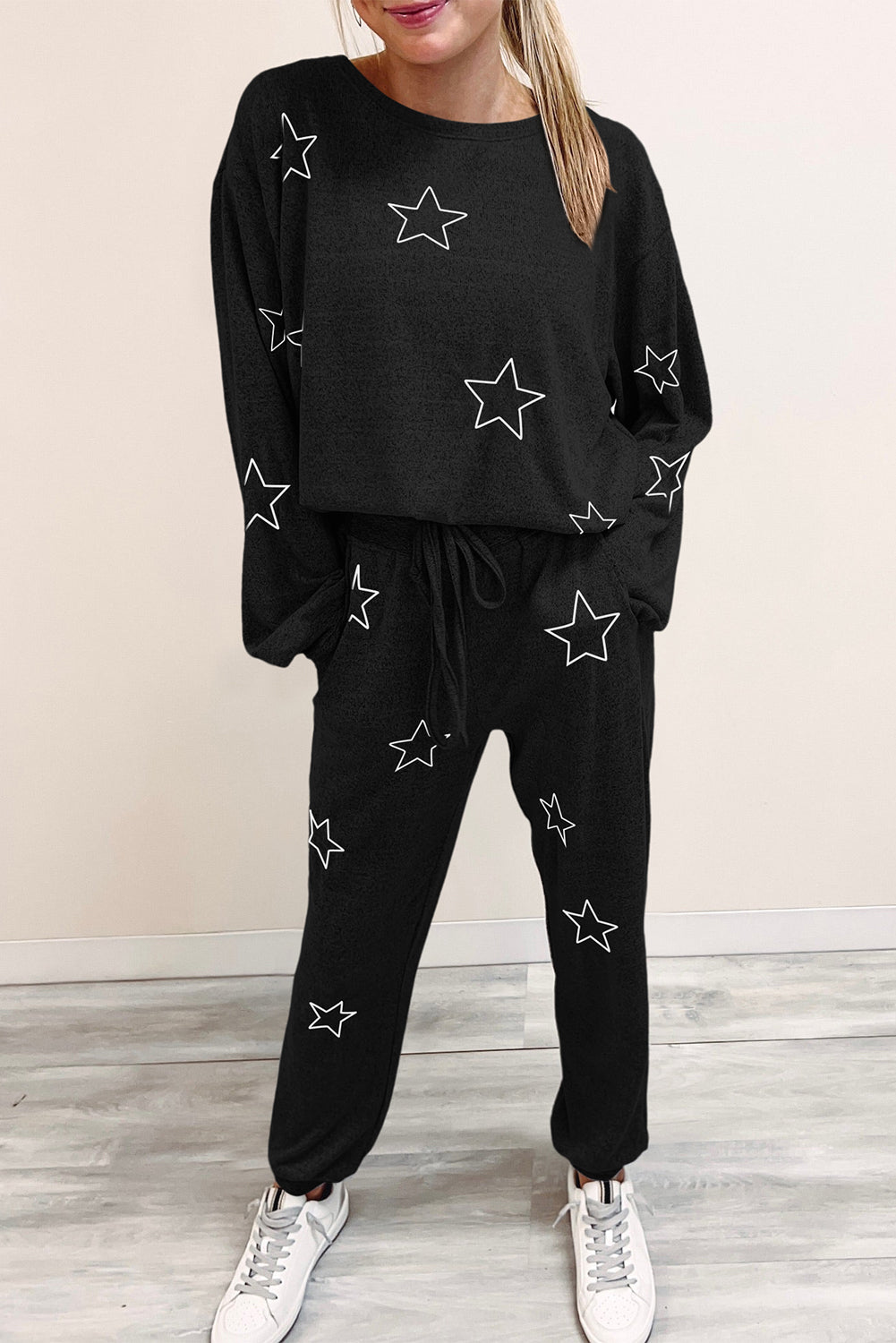 Black Stars Print Long Sleeve Drawstring High Waist Lounge Set - Premium Loungewear from Momma Done Gone Crafty- Just $34.50! Shop now at Momma Done Gone Crafty