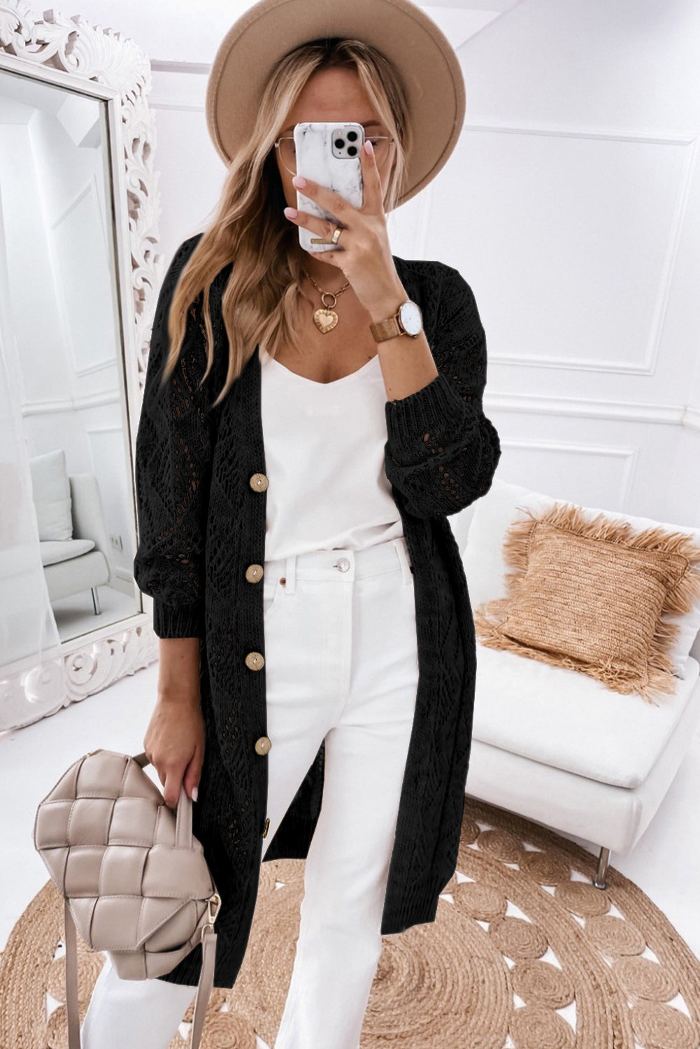Black Hollow-out Openwork Knit Cardigan - Premium Tops from Momma Done Gone Crafty- Just $40.00! Shop now at Momma Done Gone Crafty