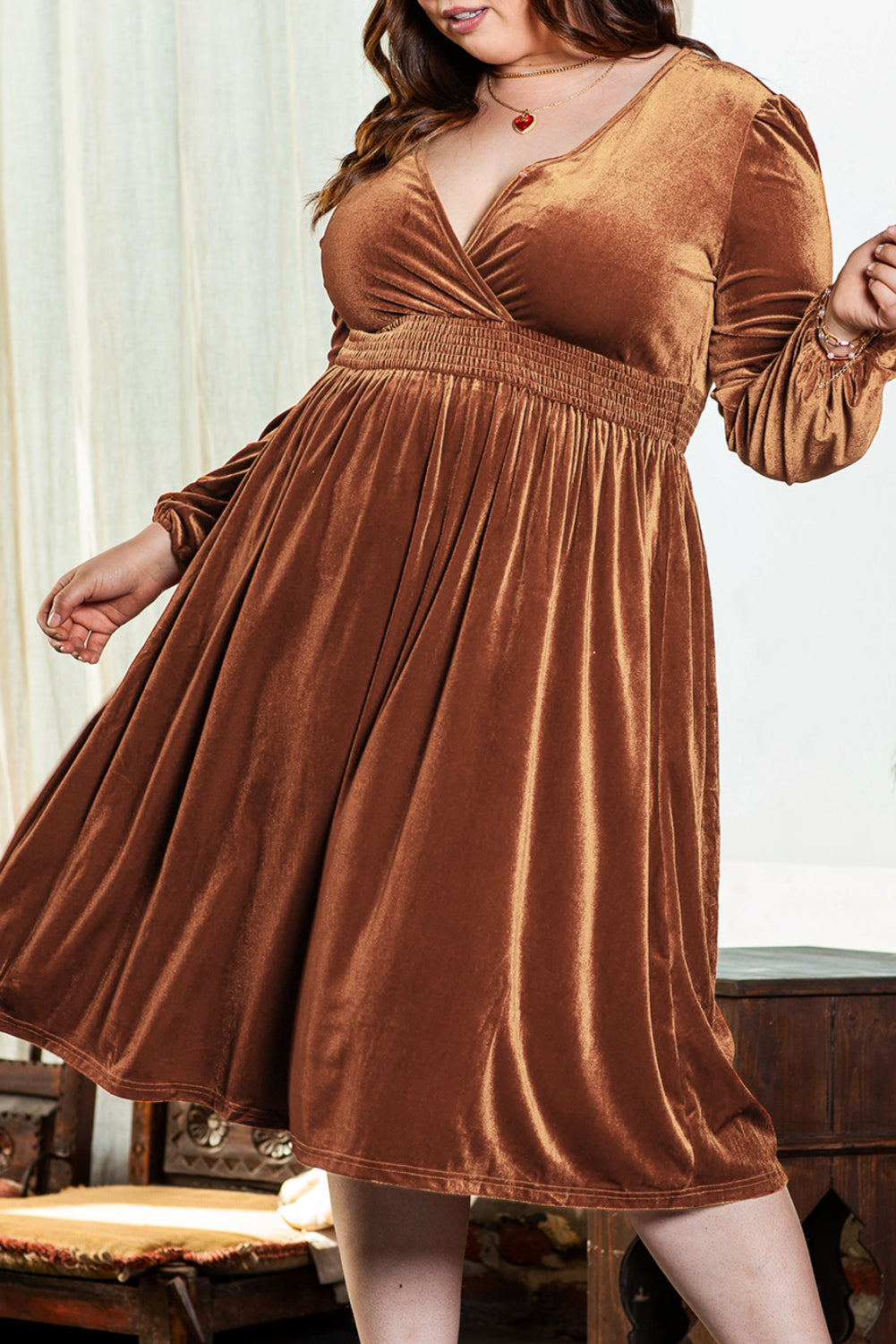 Camel Surplice V Neck Balloon Sleeve Velvet Dress - Premium Plus Size/Plus Size Dresses/Plus Size Maxi Dresses from Momma Done Gone Crafty- Just $35.16! Shop now at Momma Done Gone Crafty