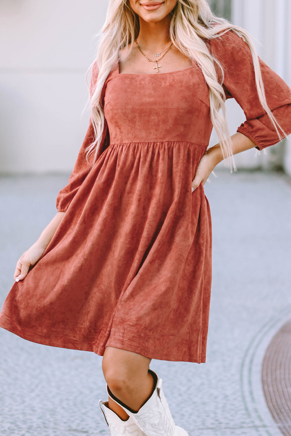 Brown Suede Square Neck Puff Sleeve Dress - Premium Dresses from Momma Done Gone Crafty- Just $44.99! Shop now at Momma Done Gone Crafty