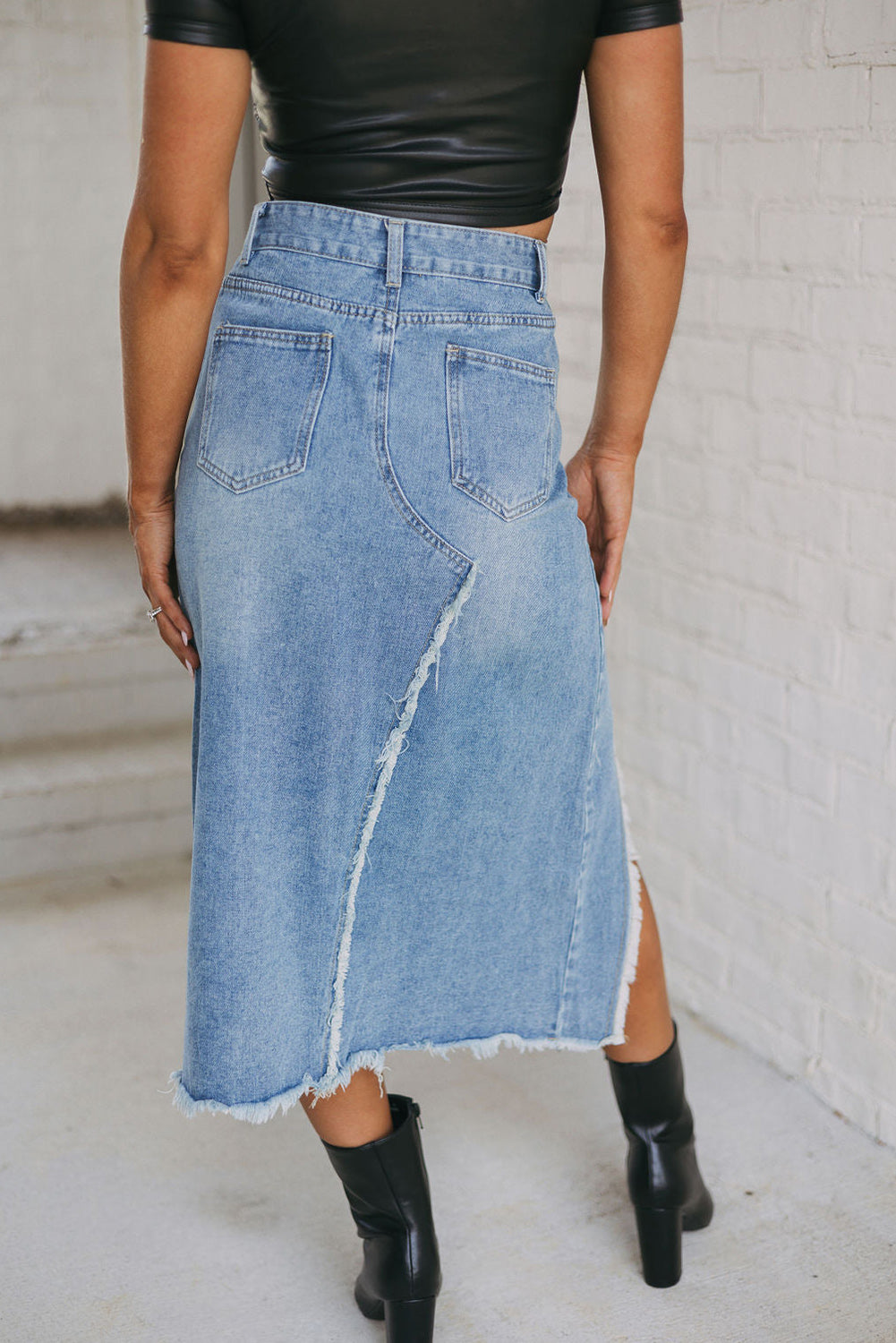 Light Blue Frayed Slit Asymmetric Denim Midi Skirt - Premium Bottoms/Skirts & Petticoat from Ashes 2 Wildflowers Boutique, LLC- Just $31.95! Shop now at Ashes 2 Wildflowers Boutique, LLC