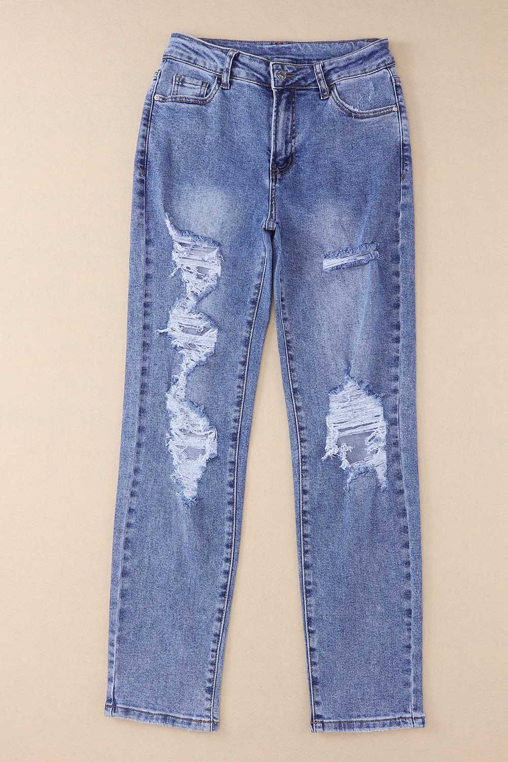 Sky Blue Heavy Destroyed Big Hole Boyfriend Jeans - Premium Bottoms from Momma Done Gone Crafty- Just $55.99! Shop now at Momma Done Gone Crafty