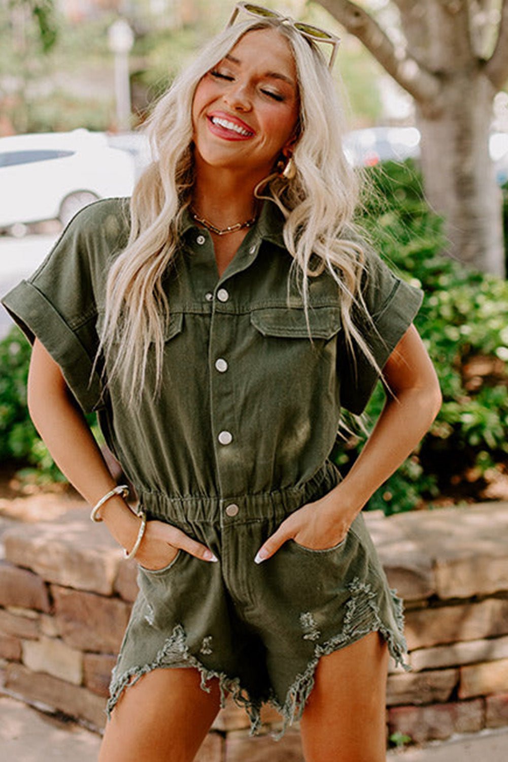 Moss Green Distressed Frayed Denim Romper - Premium Bottoms/Jumpsuits & Rompers from Momma Done Gone Crafty- Just $45.99! Shop now at Momma Done Gone Crafty