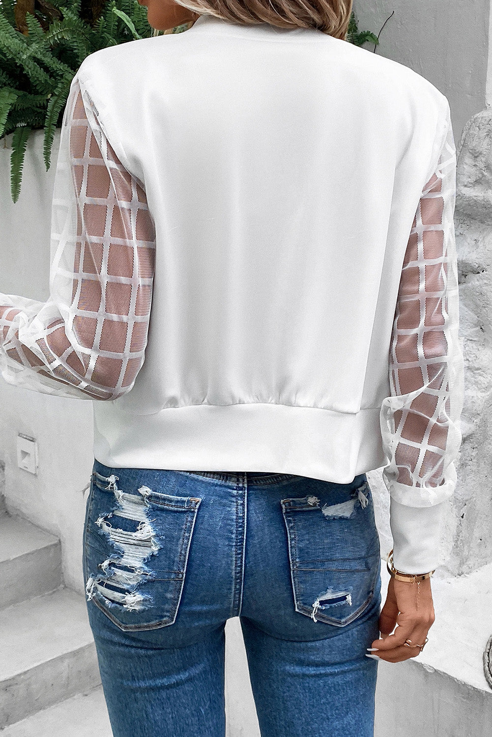 White Latticed Mesh Sleeve Zip Up Bomber Jacket - Premium Outerwear from Momma Done Gone Crafty- Just $39! Shop now at Momma Done Gone Crafty