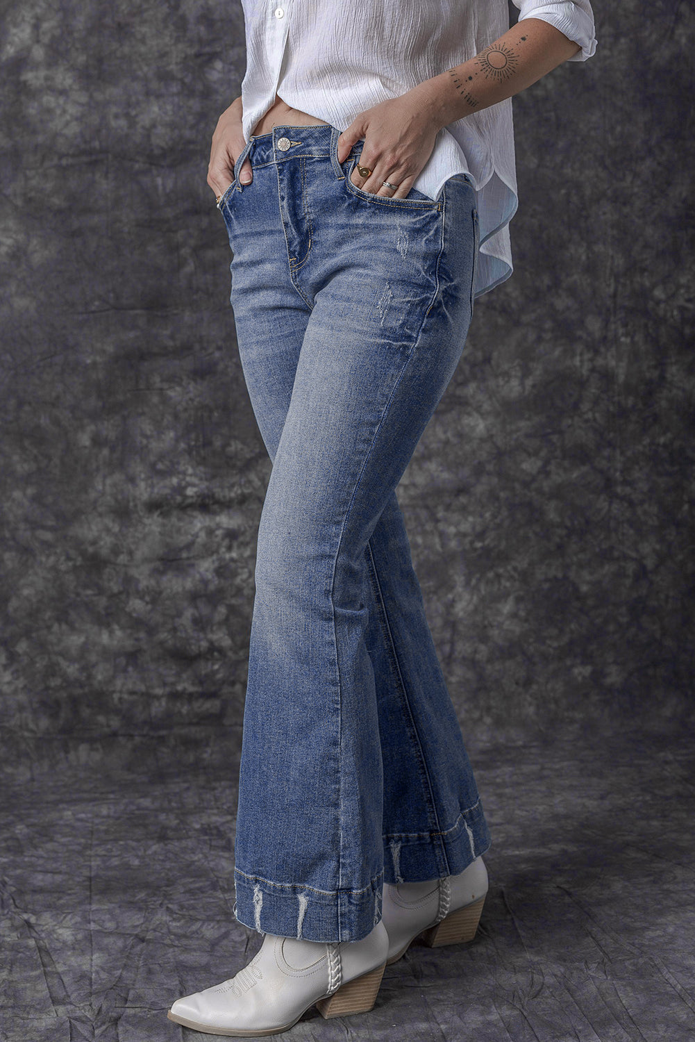 Sky Blue Slight Distressed Medium Wash Flare Jeans - Premium Bottoms from Momma Done Gone Crafty- Just $69.30! Shop now at Momma Done Gone Crafty