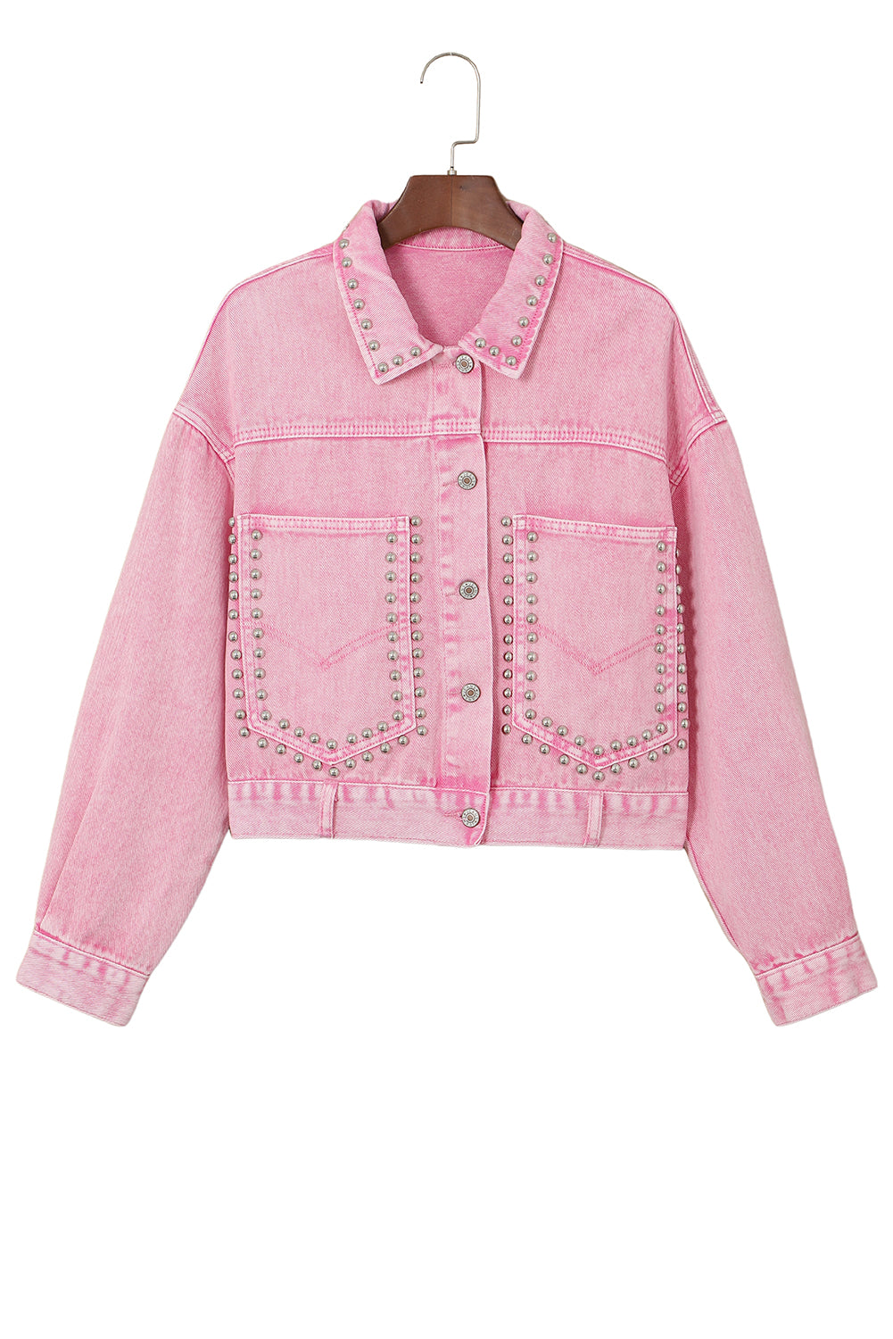 Pink Rivet Studded Pocketed Denim Jacket - Premium Outerwear from Momma Done Gone Crafty- Just $65.99! Shop now at Momma Done Gone Crafty