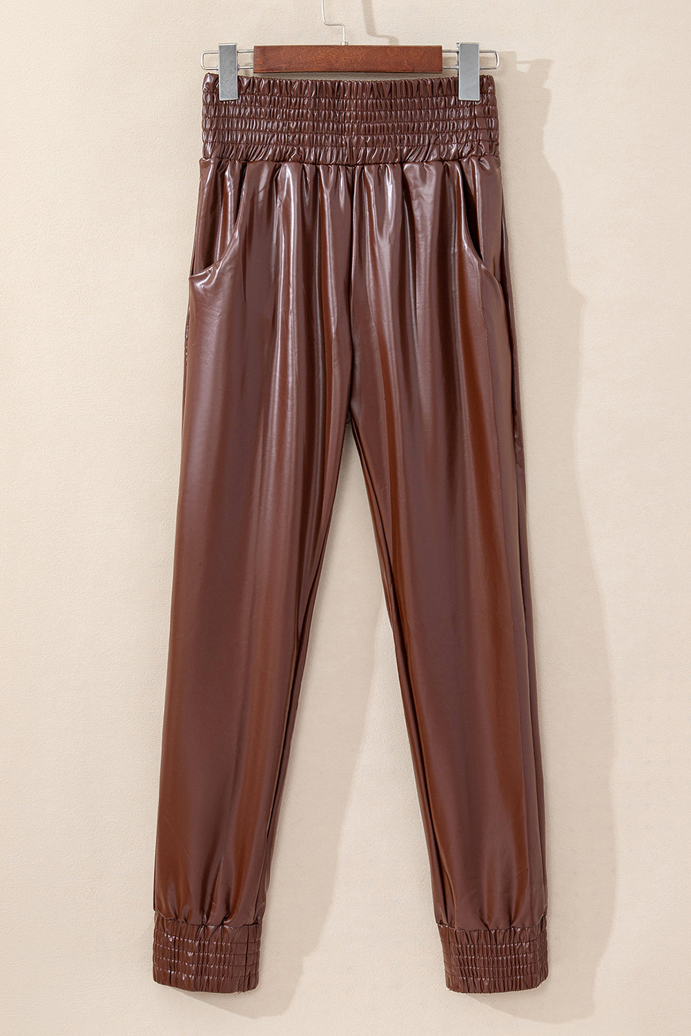 Brown Smocked High-Waist Leather Skinny Pants - Premium Bottoms from Momma Done Gone Crafty- Just $58.71! Shop now at Momma Done Gone Crafty