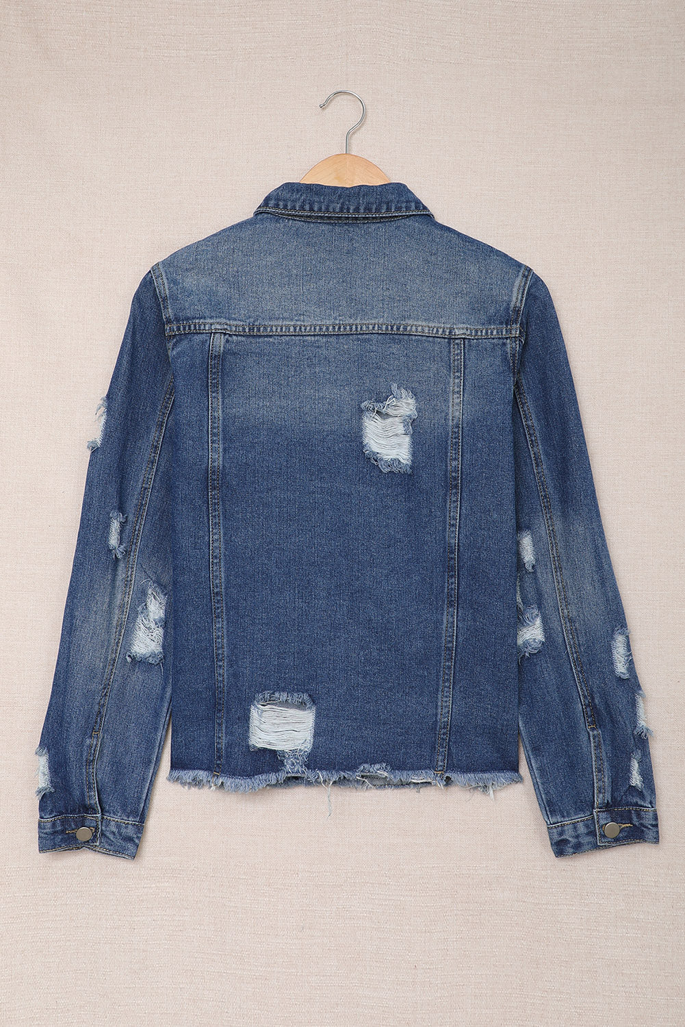 Blue Lapel Distressed Raw Hem Buttons Denim Jacket - Premium Outerwear from Momma Done Gone Crafty- Just $65.99! Shop now at Momma Done Gone Crafty