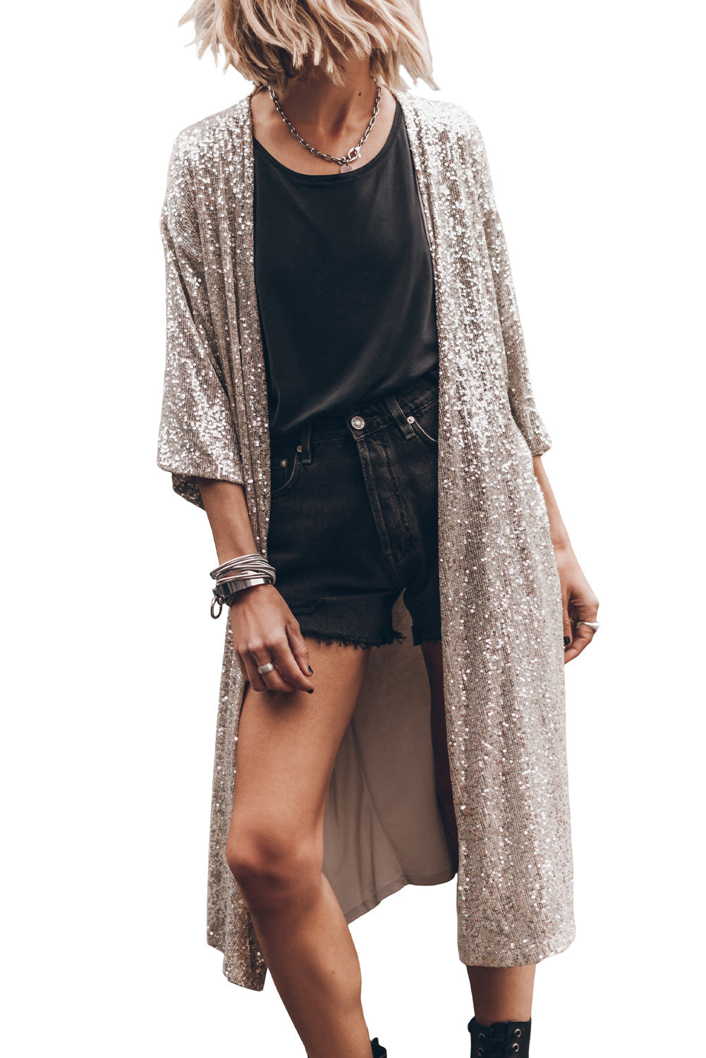 Apricot Sequin 3/4 Sleeve Open Front Duster Kimono - Premium Outerwear from Momma Done Gone Crafty- Just $60.99! Shop now at Momma Done Gone Crafty