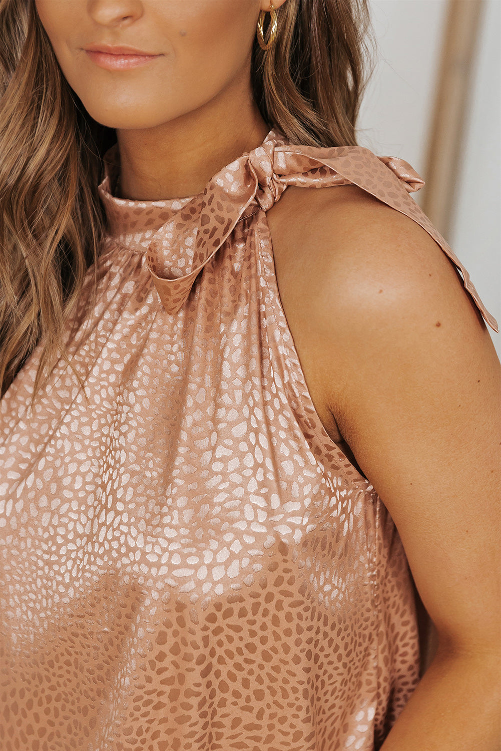 Pink Sleeveless Tie Mock Neck Leopard Tank Top - Premium Tops from Momma Done Gone Crafty- Just $42.90! Shop now at Momma Done Gone Crafty