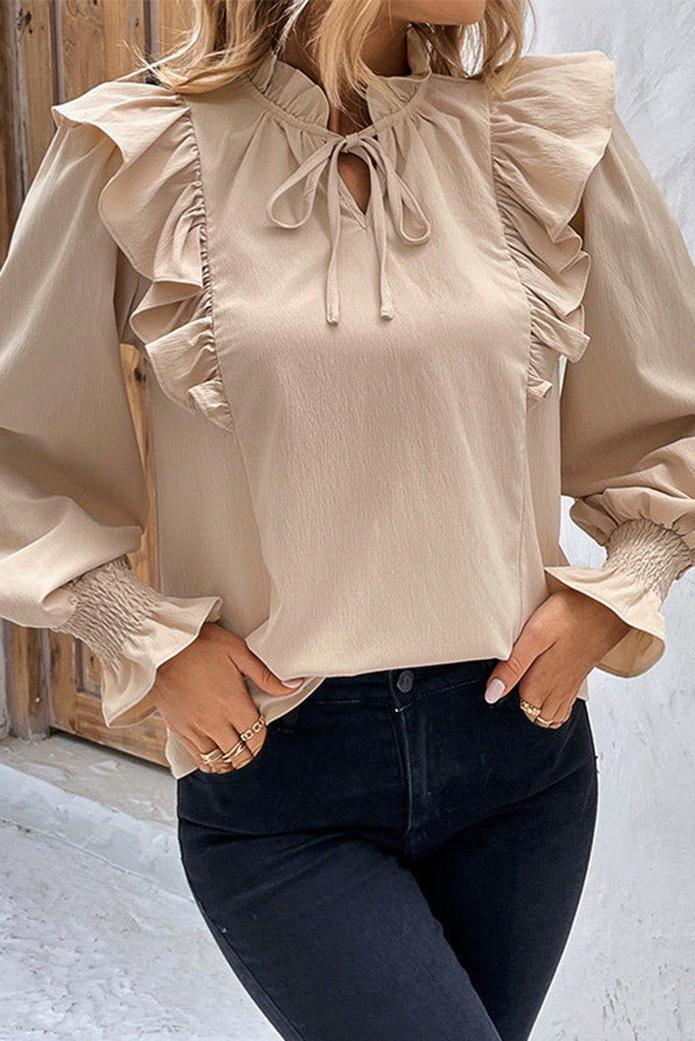 Khaki Ruffled Lace up Bubble Sleeve Blouse - Premium Tops from Momma Done Gone Crafty- Just $45.18! Shop now at Momma Done Gone Crafty