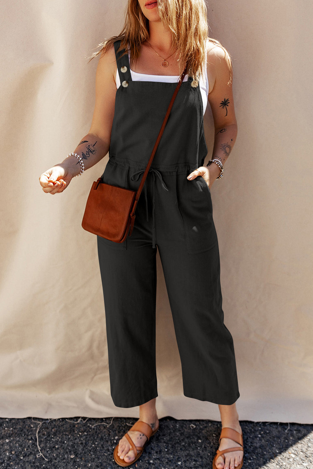 Black Drawstring Buttoned Straps Cropped Overall - Premium Bottoms/Jumpsuits & Rompers from Momma Done Gone Crafty- Just $42.99! Shop now at Momma Done Gone Crafty