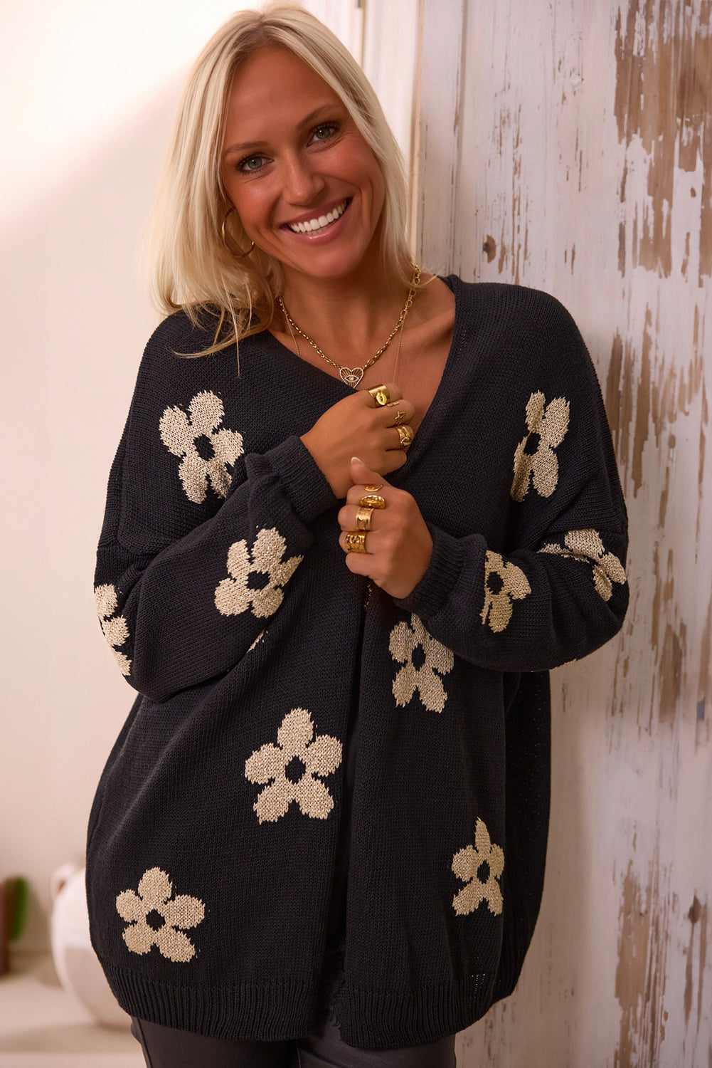 Black Floral Print Knitted Open Front Loose Cardigan - Premium Sweaters & Cardigans/Cardigans from Ashes 2 Wildflowers Boutique, LLC- Just $36.35! Shop now at Ashes 2 Wildflowers Boutique, LLC
